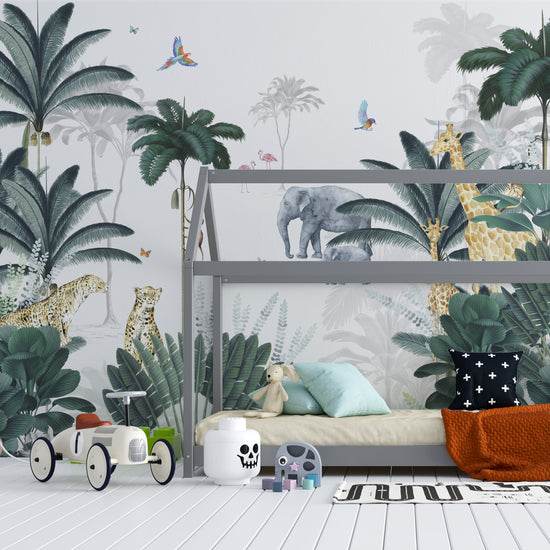 Load image into Gallery viewer, Leopard and Friends Jungle Wallpaper Mural | Blue - Munks and Me Wallpaper
