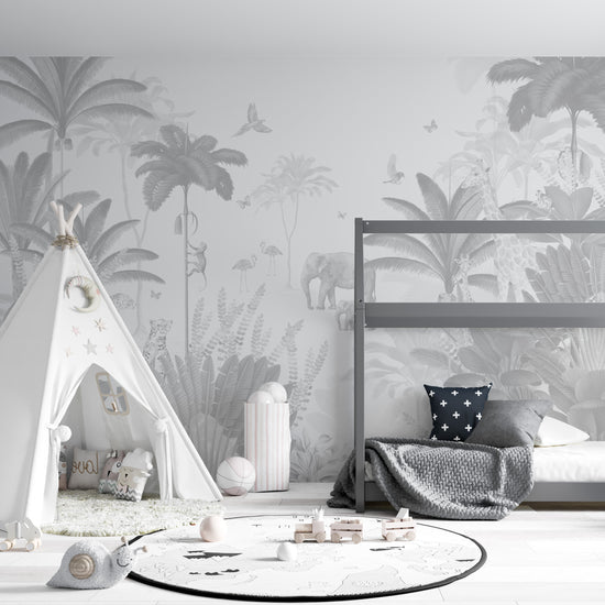 Load image into Gallery viewer, Leopard and Friends Wallpaper Mural | Monochrome - Munks and Me Wallpaper
