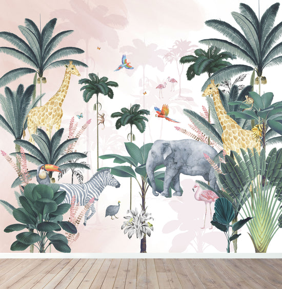 Jungle Wallpaper Mural | Pink - Munks and Me Wallpaper
