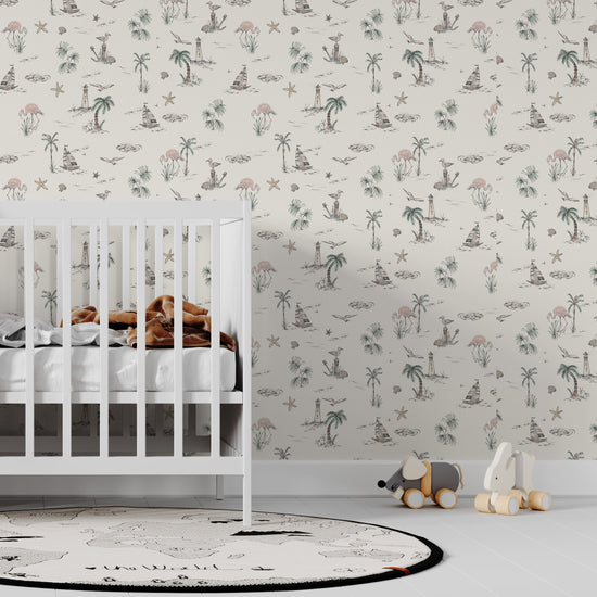 Load image into Gallery viewer, Seaside Flamingo Wallpaper Repeat Pattern - Munks and Me Wallpaper
