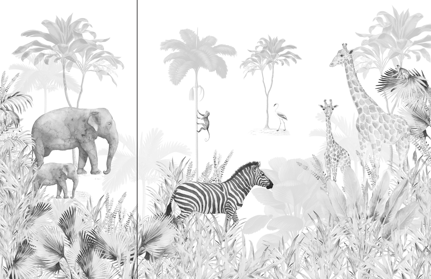 Load image into Gallery viewer, Custom Monochrome Jungle Wallpaper Mural | H222cm x W342cm - Munks and Me Wallpaper
