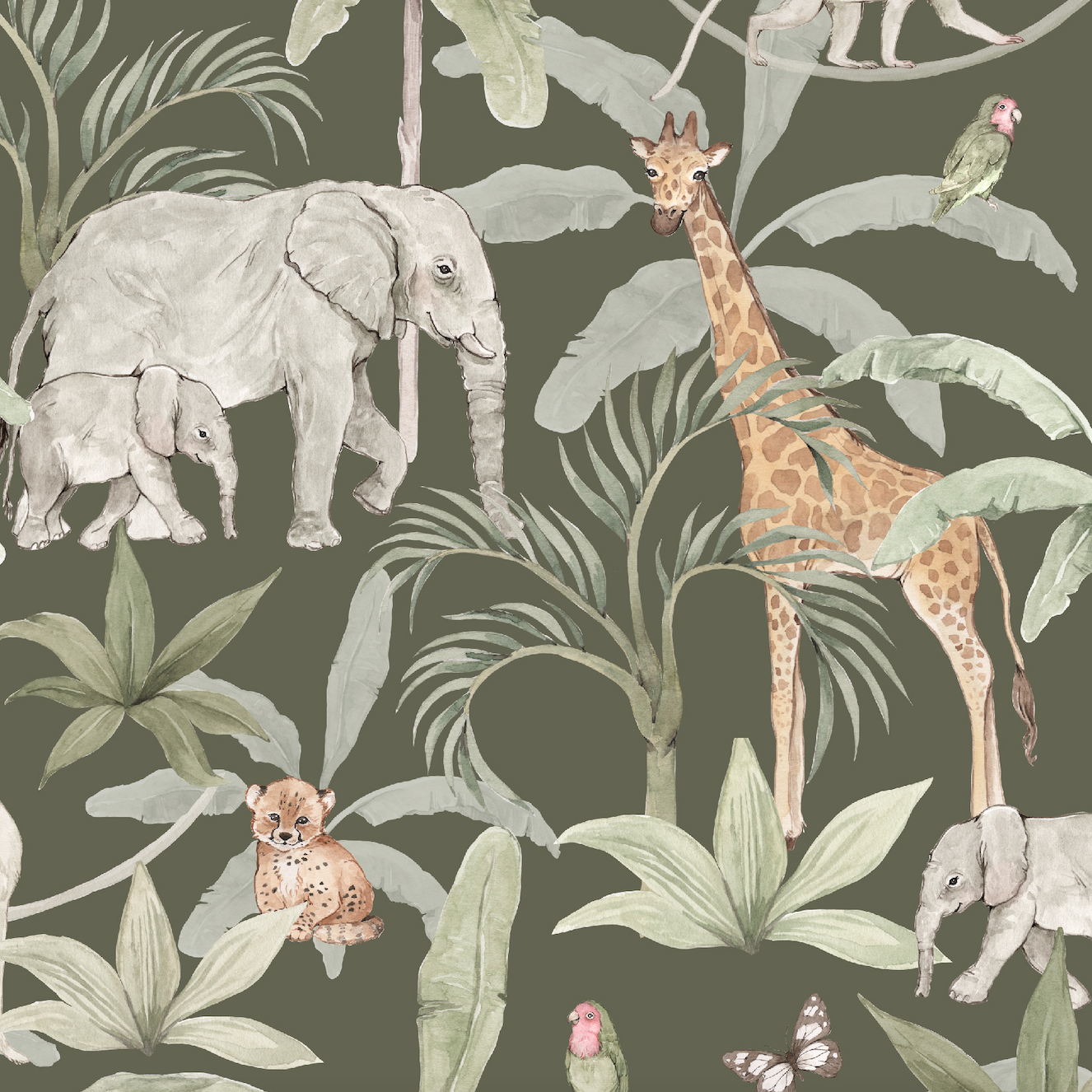 African Safari Wallpaper Repeat Pattern | Green - Munks and Me Wallpaper