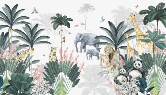 Custom Leopard and Friends with Panda Wallpaper Mural | H246CM X W427CM - Munks and Me Wallpaper