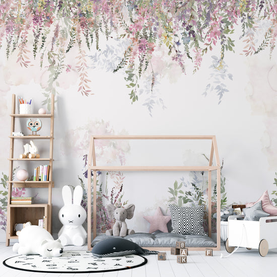 Neutral Girl's Bedroom Design With Wildflower Foliage Wallpaper | Livettes