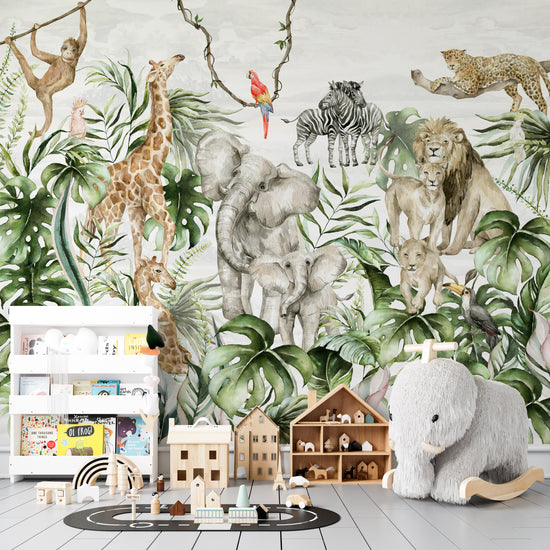 Safari Jungle Wallpaper Mural | Watercolour - Munks and Me Wallpaper